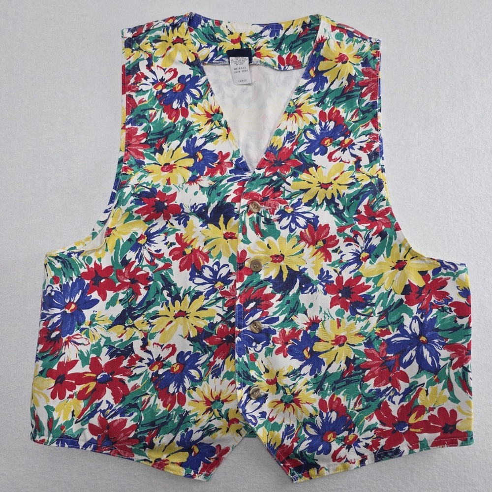 Vintage Stuffed Shirt Denim Button Up Vest Women's L Multicolor Floral Cotton